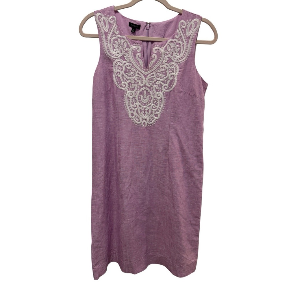Talbots Linen Blend Embroidered Dress Size 2 Lavender Pink Sleeveless